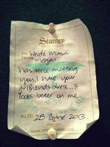 A cheeky note left on an acacia tree in the central courtyard of the Sarova Stanley hotel.