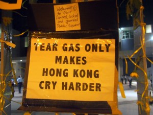 A sign posted outside a government building, near the protest camps.