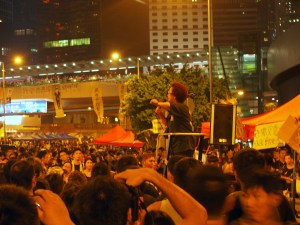 A local leader rallies the protesters in Hong Kong.